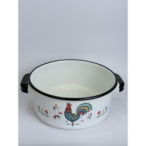 Vintage Berggren Enamelware Stock Pot Scandinavian Folk Art Rooster White 8in